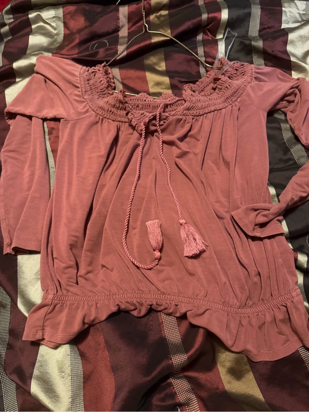 American Eagle Outfitters Dusty Rose Smocked Off-Shoulder Tunic